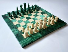 VINTAGE MALACHITE AND MARBLE INLAID CHESS SET 15” x 15” BOARD