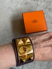 Hermes Collier De Chien Cuff Bracelet Raisin Leather Gold Hardware Box RRP £1.2k
