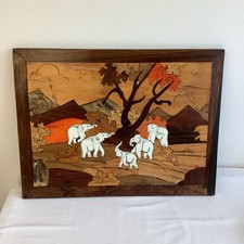 Vintage Large Wooden Marquetry Asian Elephant Mountain Tree Plaque Sign