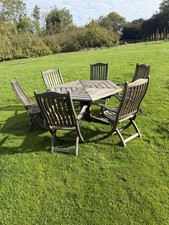 Hexagonal Teak Table + 6 Fold Up Arm Chairs Alexander Rose Julian Christian