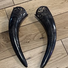 Vintage Hand Carved Water Buffalo Horn Pair, Hanging Vase Bird Dancing 