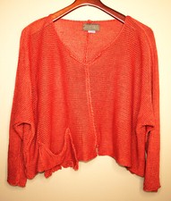 ZUZA BART Orange 100% Linen Knit Cropped Pullover Asymmetrical Art Top One Size