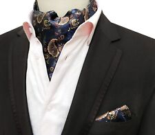 Classic Men's Ascot Cravat Tie Silk Paisley Brown Blue Scarf Cravat Hanky Set