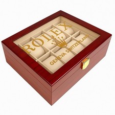 Luxury Rolex Watch Box Display Case Wood Glass Top Organizer 10 Slot Storage
