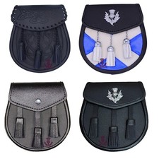 KILT SPORRAN SEMI DRESS SCOTLAND SALTIRE BLACK LEATHER SCOTTISH DAY SPORRAN MEN