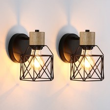 2PCS Industrial Wall Light Wooden Wall Lamp Metal Cage Retro Wall Sconces 