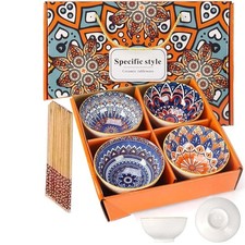 Ceramic Japanese Chinese Rice or Soup Bowl Bohemian Style Pattern Gift Set 4 Pcs