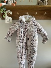 Next baby girl pink green floral leaf fleece snowsuit and mittens 6-9 months