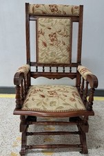 Antique Edwardian Upholstered Padded Seat Walnut Frame Rocking Sprung Chair Vgc
