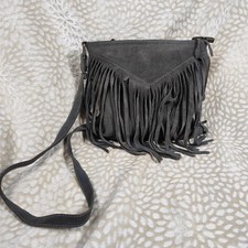 Vintage Womens Grey Suede Leather Fringe Crossbody Bag Boho Festival