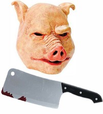 Horror Pig Mask with Cleaver Butchers Knife Texas Halloween Fancy Dress Costume