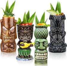 Large Ceramic Tiki Mugs Set of 4 - Tropical Cocktail Glasses Bar Drinkware