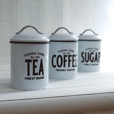 Set White / Black Retro Tea Coffee Sugar Metal Vintage Canisters Jars Tins