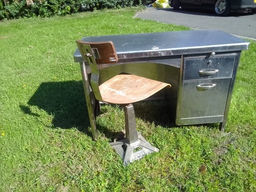 Metal desk and singer chair - and, chair 