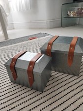RARE - Pair (2) IKEA Ryssby 2014 Galvanized Metal / Leather Strap Storage Boxes