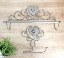 SECONDS - Bathroom Towel Rail & Toilet Roll Holder Set Heart Taupe Mink Grey