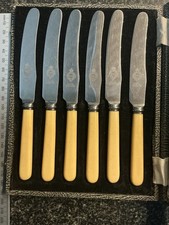 6 Vintage Knives Firth Stainless Sheffield Faux Bone Dinner Knives Boxed S24