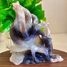 2.79lb Natural Black Agate Hand Carved Nine Tailed Fox - Rare Collectibles