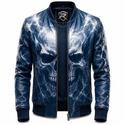 Men blue leather bomber - men's,
