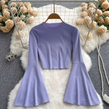 Women Solid Flared Long Sleeve Cropped Top Blouse Pullover Shirt Dancewear Chic