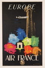 1948 Air France Europe Poster with Triple-Tail Constellation Plane Edmond Maurus