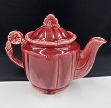 Vintage 1940s Shawnee Rosette Burgundy Flower-Handle & Lid 3 Cup Teapot •READ•