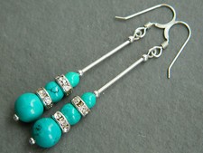 Turquoise Gemstones, Crystal Rondelles & 925 Sterling Silver Long Drop Earrings