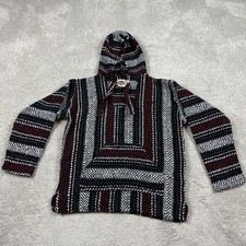 Earth Ragz Hoodie Mens Small Black Gray Red Baja Poncho Pullover Striped Woven