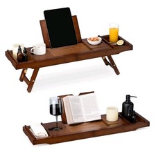 Bed and Bath Tray Wooden Rack with Folding Legs Bamboo Bathtub Caddy 
