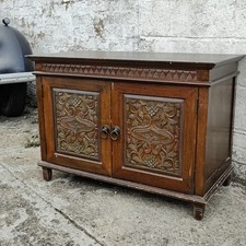 Antique Style Carved TV Cabinet Oak Box Chest Table Hifi Unit Arts & Crafts Sty 
