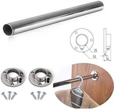 Round Rail 25mm Wardrobe Pole Hanging Tube Bar Clothes Storage Chrome + Fittings