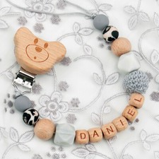 Personalised Name Baby Dummy Clip Soother Wooden Pacifier Holder Shower Gift New