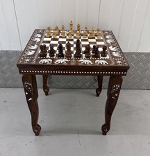 Antique Style Indian Inlaid Rosewood Chess Table Royal Legs With 32 Chess Pieces