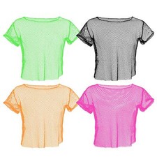 NEON MESH CROP 80'S TOP SHORT SLEEVE FISHNET HOLE RAVE FESTIVAL 1980'S FASHION