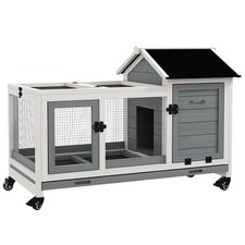 PawHut Rabbit Hutch, Guinea Pig Cage with Wheels, Outdoor/Indoor, Grey