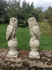 🇬🇧STONE GARDEN PAIR OF OWLS ON BALLS FINIALS / PIER CAPS ORNAMENT STATUE 🦉🦉