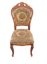 Vintage Brown Dining Chair Solid Wood Upholstered Ornate French Louis Style 