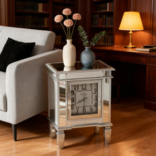 Modern Accent Table Clock End Table Mirrored GlassTop Dresser Cabinet Nightstand