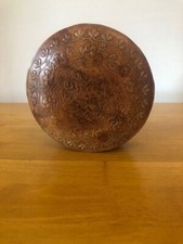 Vintage Genuine leather embossed, circular box, leather lined. with lid.