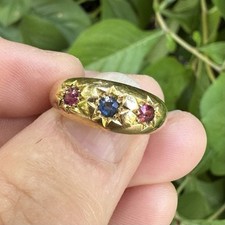 Antique 18K Yellow Gold Ruby Sapphire Gypsy Ring Sz 6.5 Harrison & Son E607