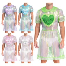 UK Mens Sissy Satin Maid Dress Cosplay Fancy Costume Waitress Apron Uniform