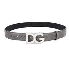 DOLCE & GABBANA DG Logo White Silver Metal Buckle Caiman Leather Belt Gray
