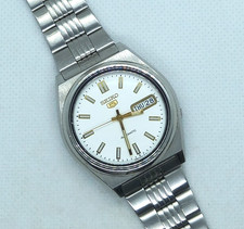 Seiko 5 automatic White dial men wrist watch day date 21 jewels 7S26 Working Box