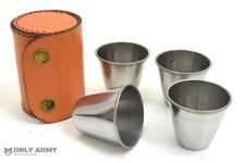 Vintage Stirrup Cups x4 Set With Leather Case Hunting Shooting Military Shot Cup