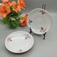Pair Victoria China Czechoslovakia Saucers. Floral Tea Plates. Pink Rose.