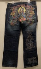 Vntg YTK Christian Audigier Ave Maria Embroidered Graphic Jeans 36x34 Baggy