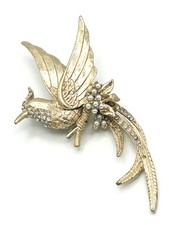 Vintage Bird of Paradise Brooch | Gold Tone Large Statement Bird Brooch Pearl
