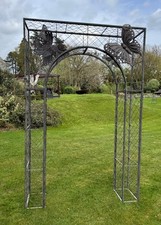 Tall Wrought Iron Garden Arch - Vintage Antique Distressed Grey - Butterflies