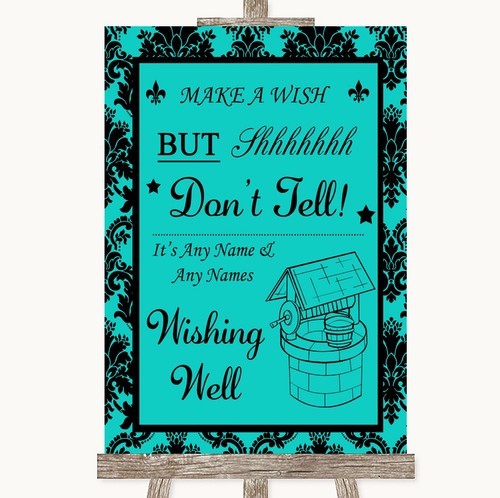 Turquoise damask wishing well - damask,