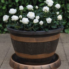 T&M Patio Plant Pot & Saucer Plastic Planter Wooden Barrel Effect 1, 2, 5 or 10